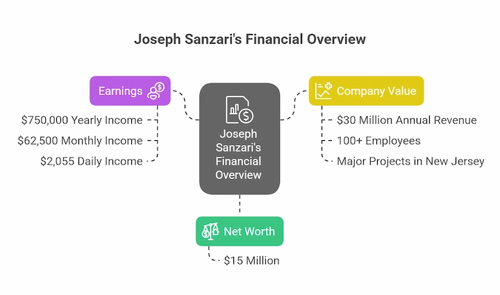 Joseph Sanzari’s financial overview chart showing earnings, net worth, and company value for 2025