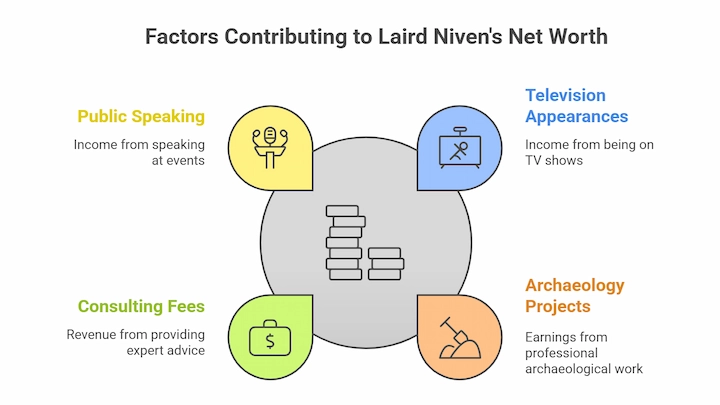Infographic of income sources contributing to Laird Niven’s Net Worth from TV, speaking, consulting