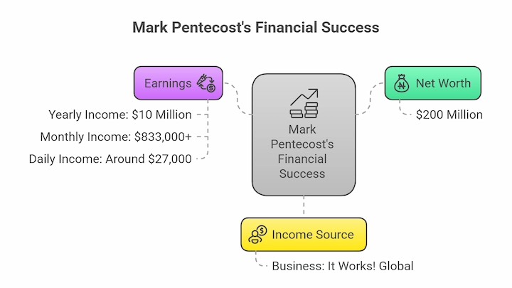 Infographic showing Mark Pentecost’s $200M net worth, income sources, and daily earnings in 2025.