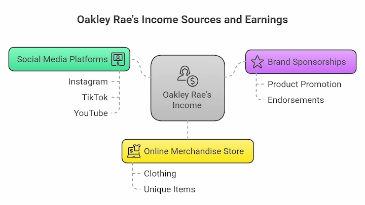 Oakley Rae’s income sources chart, showing earnings from social media, brand deals, and merchandise