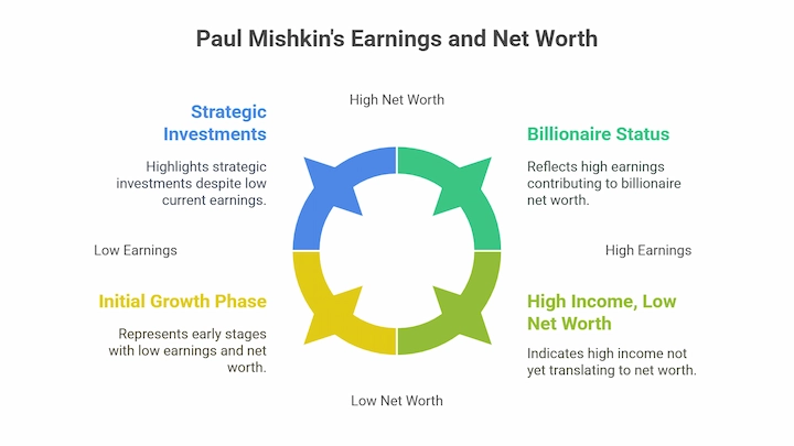 Paul Mishkin's earnings and net worth chart showing growth phases and strategic investments