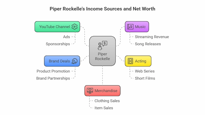 Piper Rockelle income sources diagram 2025 showing YouTube, music, acting, brand deals, merchandise