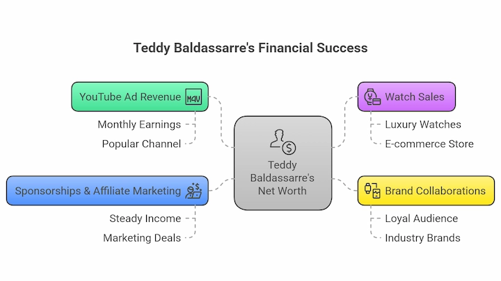 Diagram showing Teddy Baldassarre’s financial success sources including YouTube, sales, and partnerships