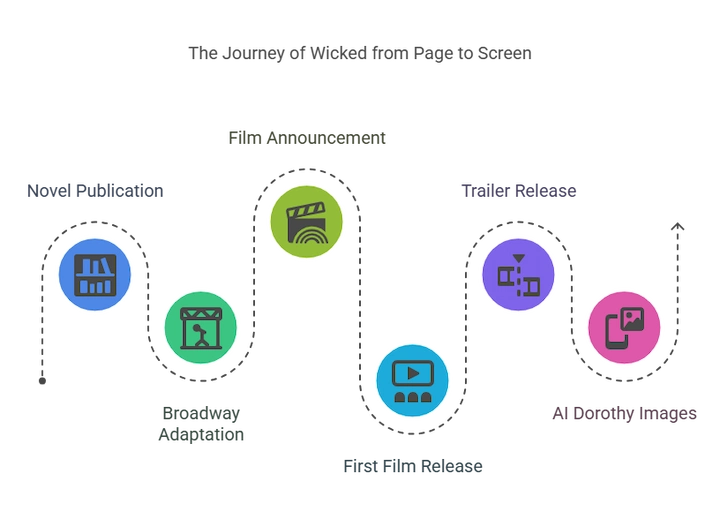 Infographic shows Wicked’s journey from novel to Broadway to film release and AI Dorothy images. Oz