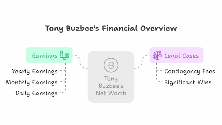 Tony Buzbee’s Financial Overview chart showing earnings and legal case wins.