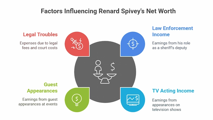 Infographic showing four key factors that affect Renard Spivey’s net worth including income and costs