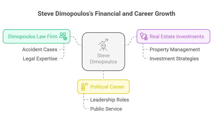 Steve Dimopoulos income sources chart showing law firm, real estate, and political earnings