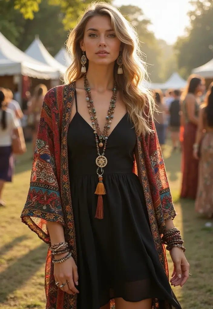 25 Chic Black Dress Outfit Ideas That Never Go Out of Style - 5. Boho Vibes