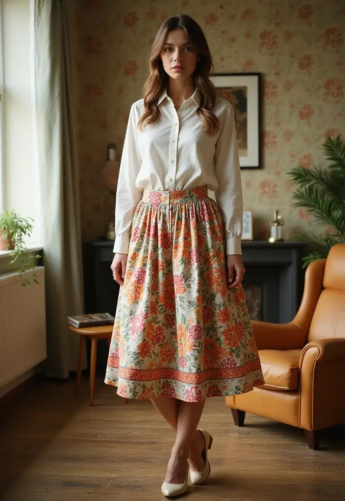 25 Chic Ways to Style Long Skirts and Dresses This Season - 14. Vintage Vibes with Retro Prints