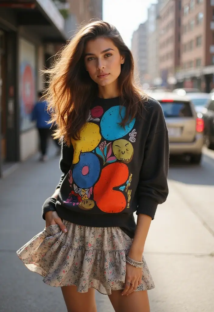 25 Chic Ways to Style Long Skirts and Dresses This Season - 22. Street Style: Long Skirts with Graphic Sweaters