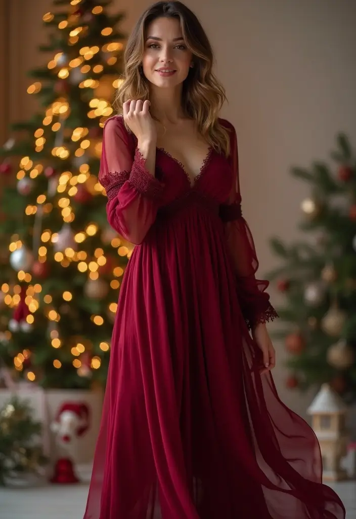 25 Christmas Party Dress Ideas That Wow Instantly - 15. Long-Sleeved Chiffon Dress