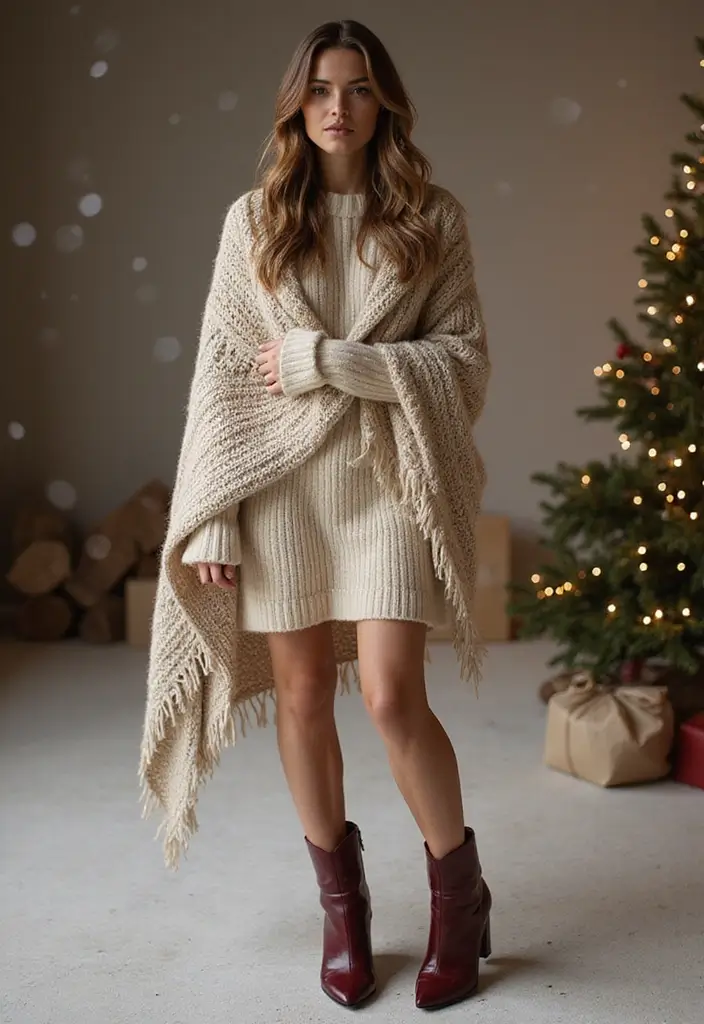 25 Cozy Sweater Dress Outfits for Cold January Days - 15. The Perfect Layering Shawl