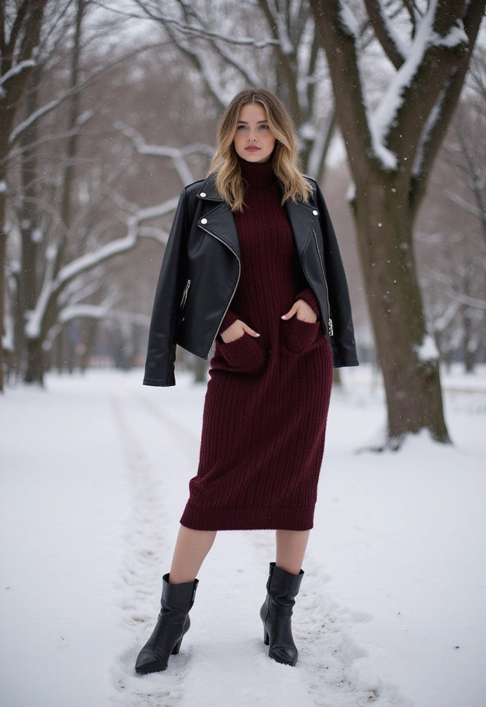 25 Cozy Sweater Dress Outfits for Cold January Days - 16. Sweater Dress and Ankle Boot Combo