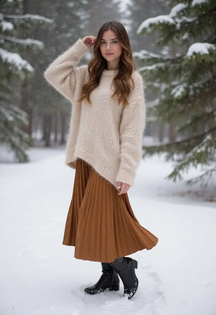 25 Cozy Sweater Dress Outfits for Cold January Days - 4. Cozy Layers with a Pleated Skirt