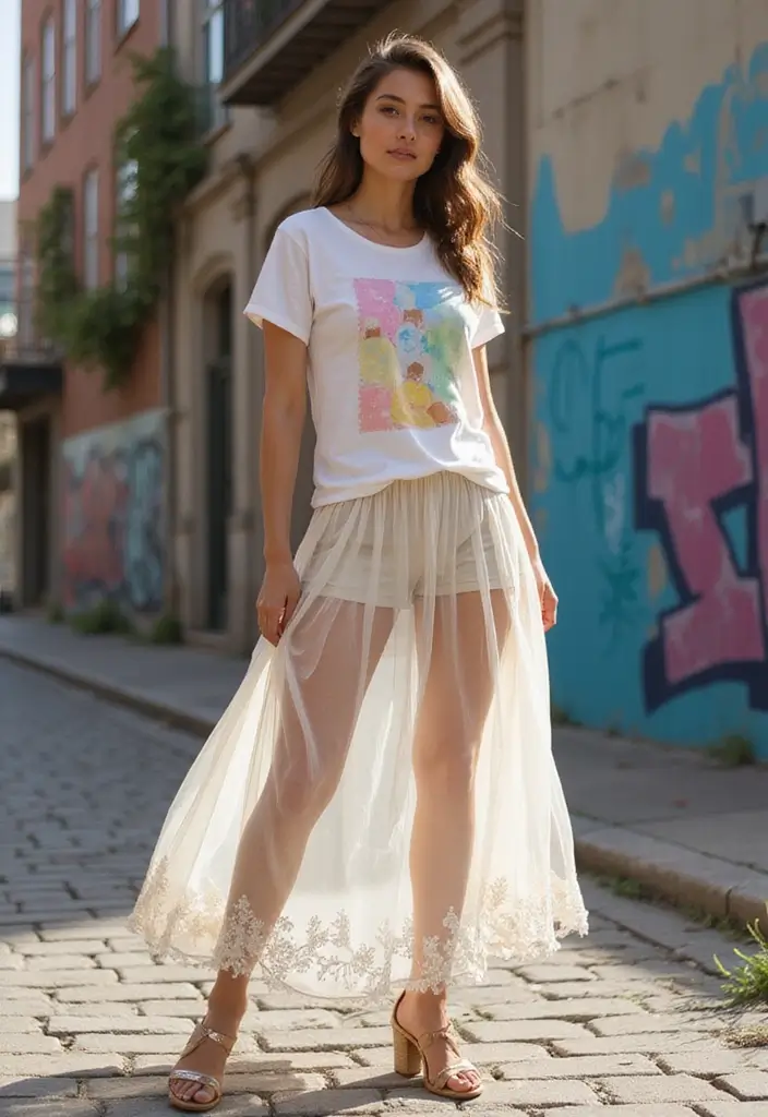 25 Long Skirt Outfit Ideas Perfect for September Fashion - 11. Sheer Maxi Skirt with a Graphic Tee
