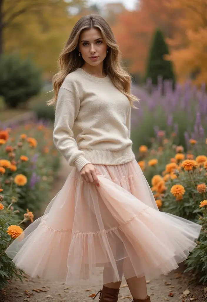 25 Long Skirt Outfit Ideas Perfect for September Fashion - 14. Tulle Skirt with a Fitted Sweater