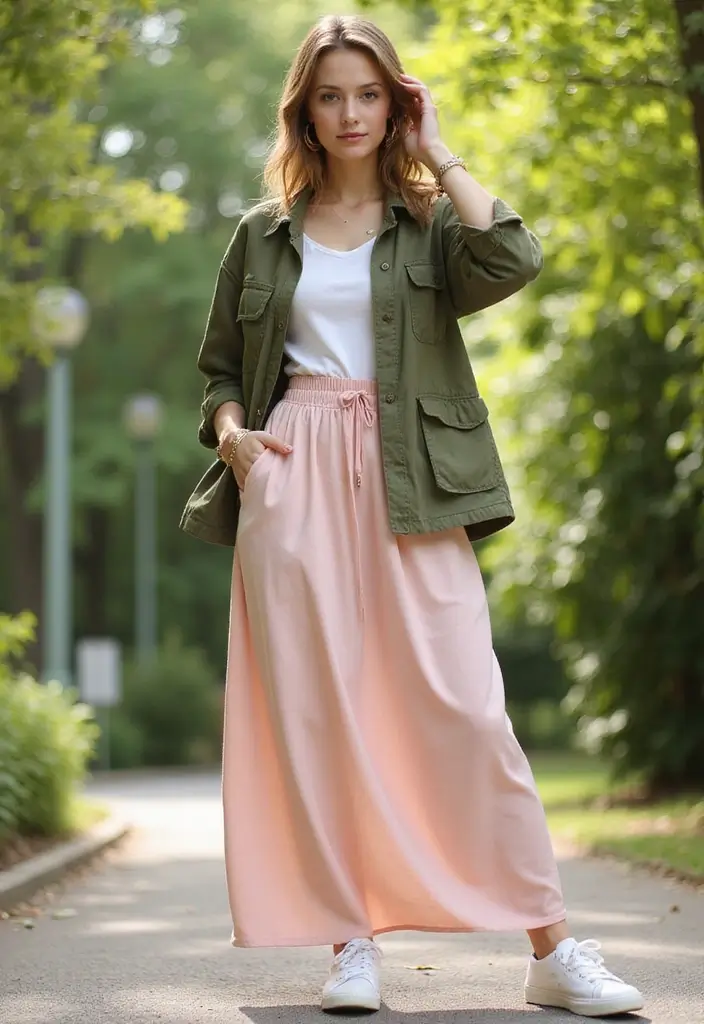 25 Long Skirt Outfit Ideas Perfect for September Fashion - 16. Jersey Skirt with a Utility Jacket