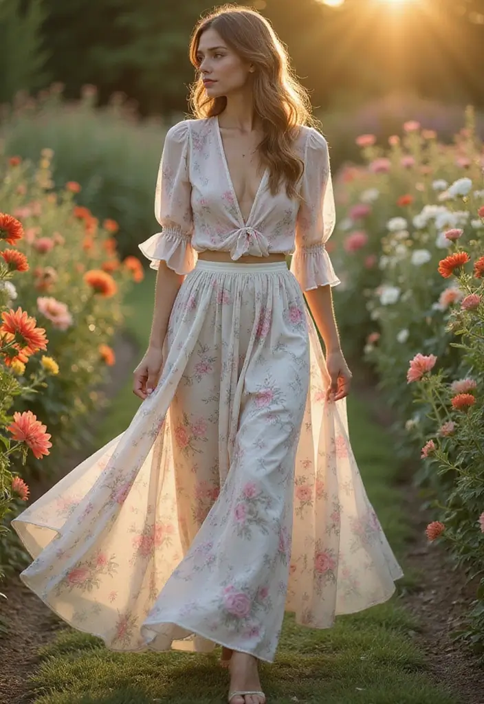 25 Long Skirt Outfit Ideas Perfect for September Fashion - 17. Chiffon Skirt with a Wrap Top