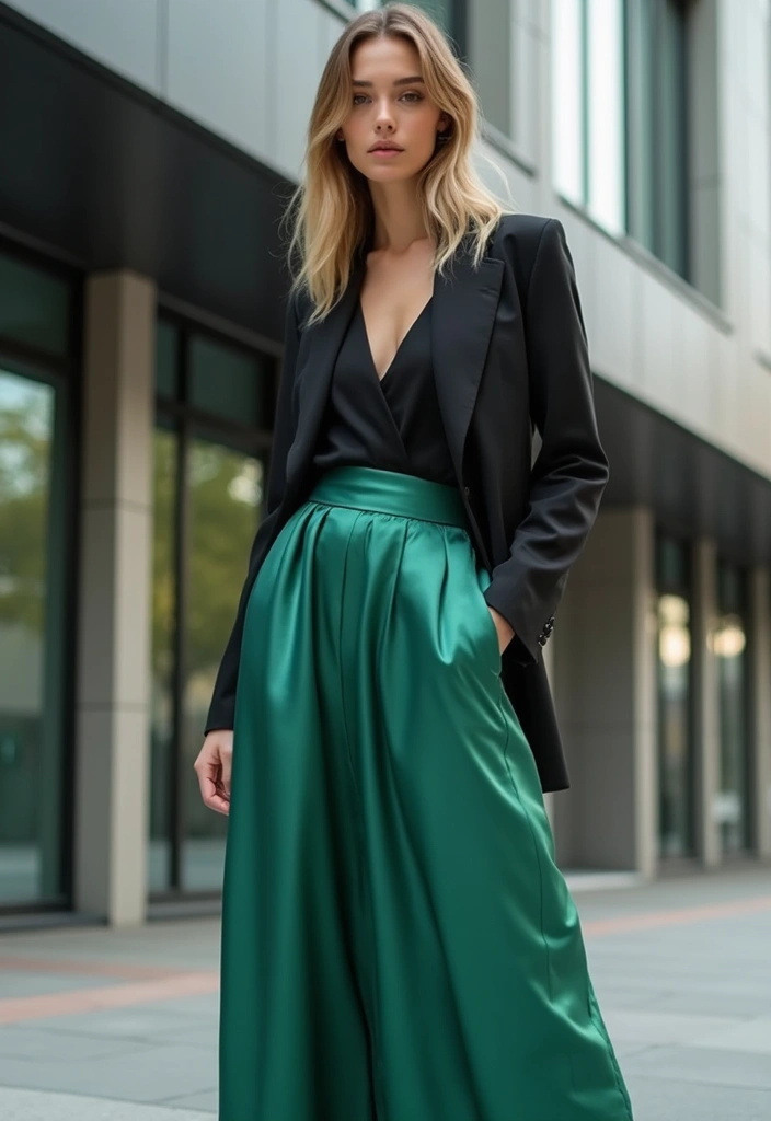 25 Long Skirt Outfit Ideas Perfect for September Fashion - 19. Satin Skirt with a Blazer