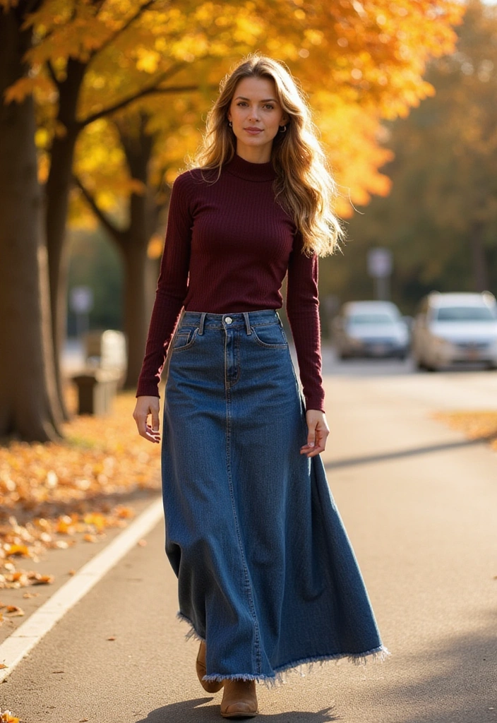 25 Long Skirt Outfit Ideas Perfect for September Fashion - 2. Denim Skirt with a Thermal Top