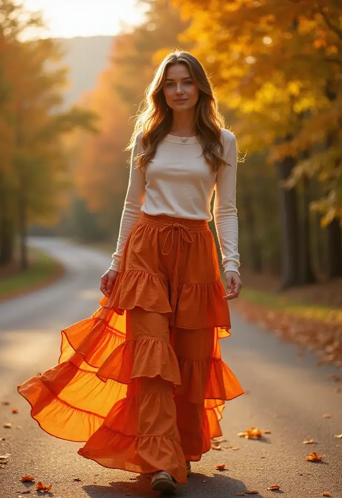 25 Long Skirt Outfit Ideas Perfect for September Fashion - 20. Tiered Maxi Skirt with a Long Sleeve Top