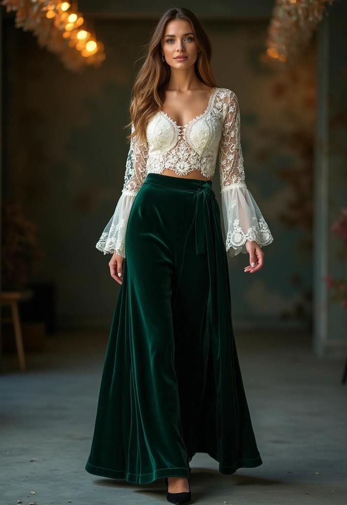 25 Long Skirt Outfit Ideas Perfect for September Fashion - 22. Velvet Skirt with a Lace Top