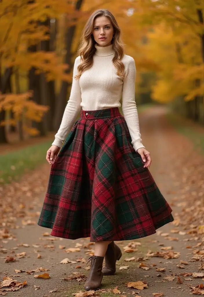 25 Long Skirt Outfit Ideas Perfect for September Fashion - 23. Tartan Skirt with a Turtleneck