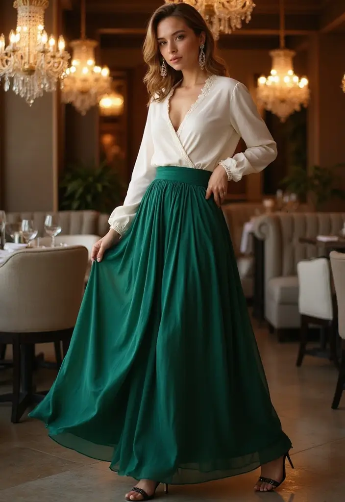 25 Long Skirt Outfit Ideas Perfect for September Fashion - 24. Wrap Skirt with a Silk Blouse