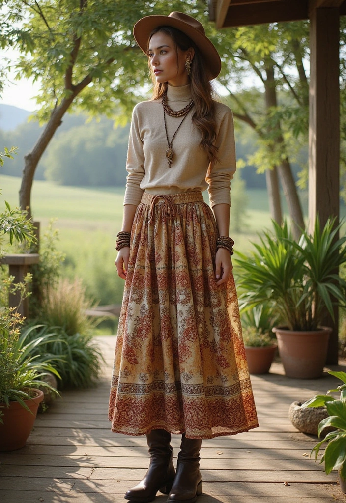 25 Long Skirt Outfit Ideas Perfect for September Fashion - 3. Bohemian Printed Skirt with a Turtleneck