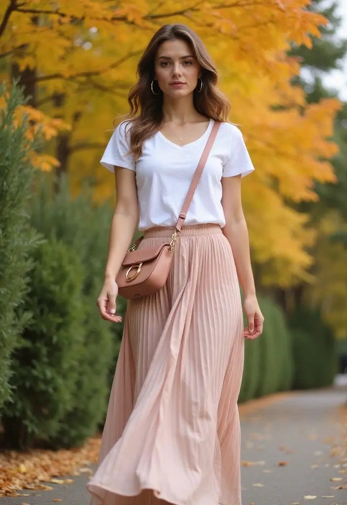 25 Long Skirt Outfit Ideas Perfect for September Fashion - 4. Pleated Skirt with a Casual Tee