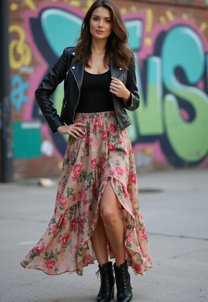 25 Long Skirt Outfit Ideas Perfect for September Fashion - 5. Layered Maxi Skirt with a Leather Jacket