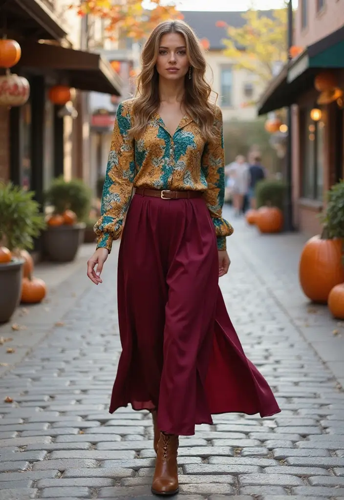 25 Long Skirt Outfit Ideas Perfect for September Fashion - 6. Solid Color Skirt with a Printed Blouse