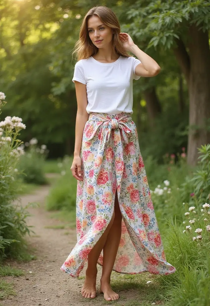 25 Long Skirt Outfit Ideas Perfect for September Fashion - 9. Maxi Wrap Skirt with a Basic Tee