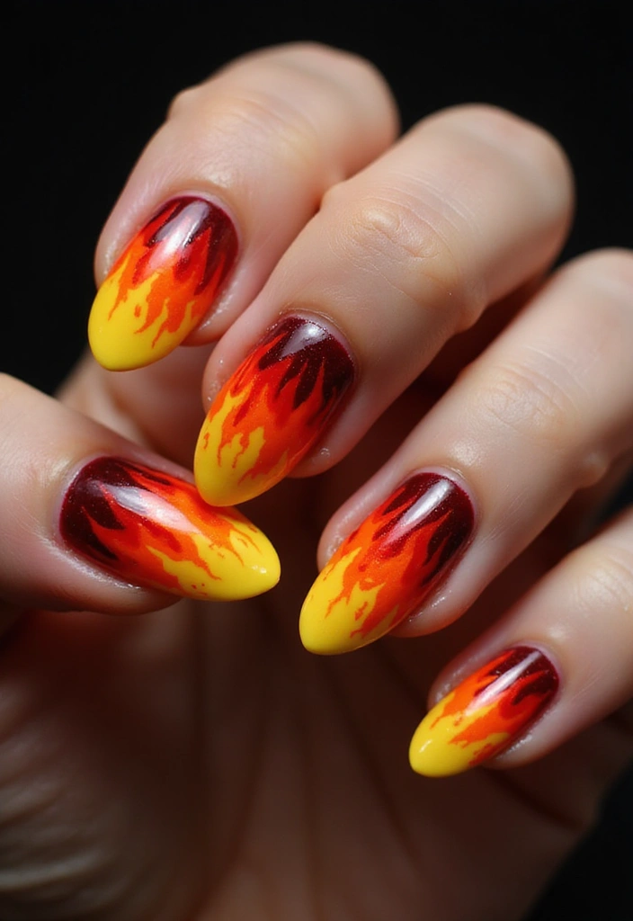 25 Spooky-Chic Nail Designs for October Vibes - 25. Fiery Flames