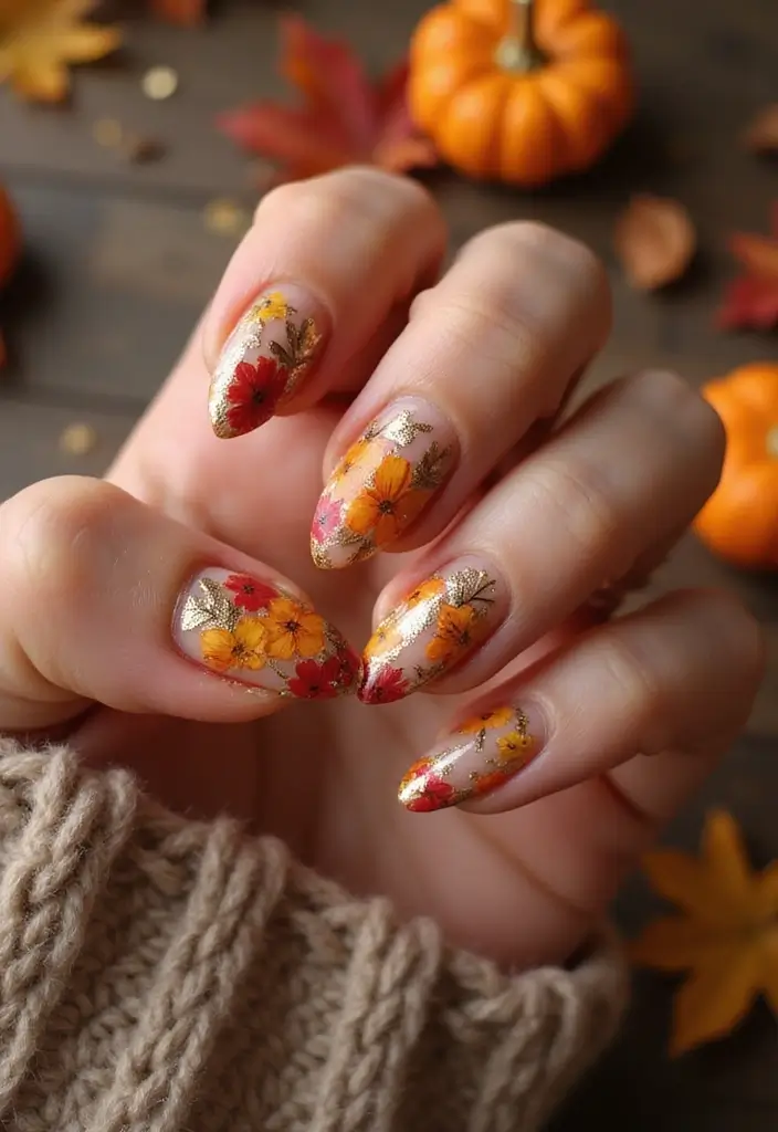 25 Thanksgiving Nail Designs That Match Your Feast Fit - 17. Autumn Flowers