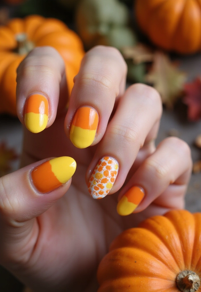 25 Thanksgiving Nail Designs That Match Your Feast Fit - 18. Candy Corn Delight