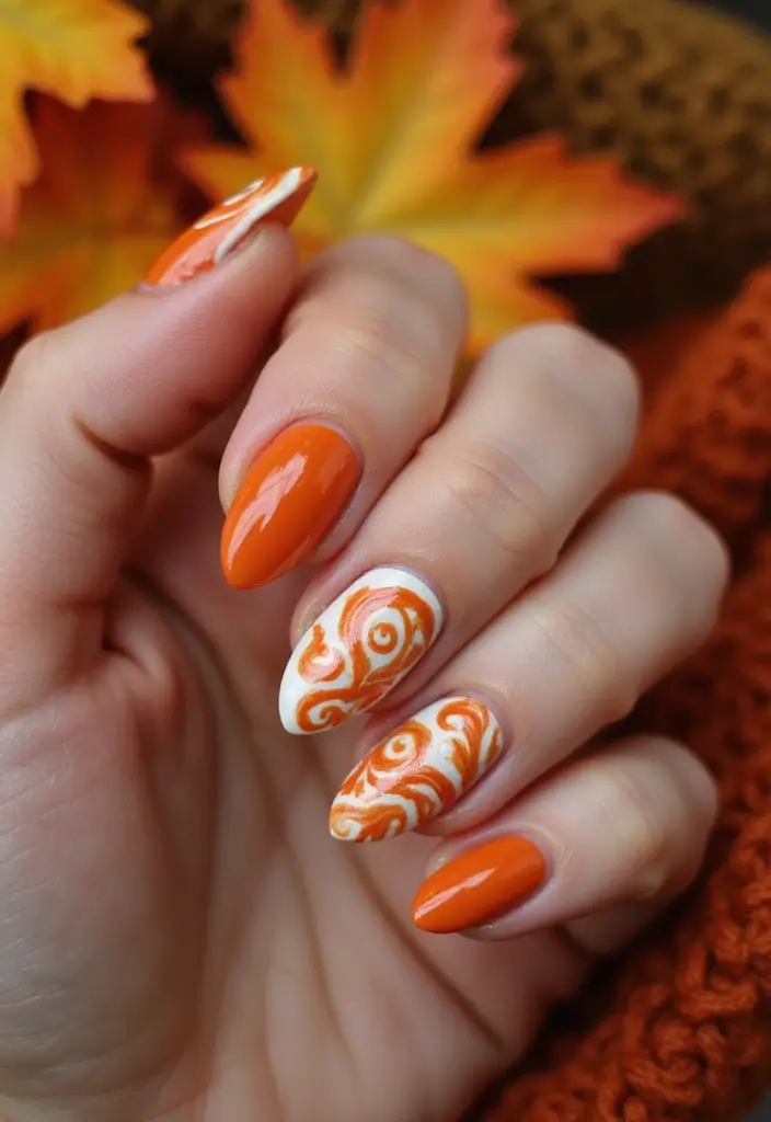 25 Thanksgiving Nail Designs That Match Your Feast Fit - 2. Pumpkin Spice Swirls