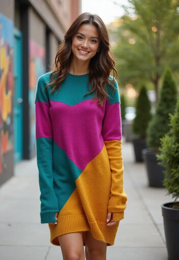 25 Winter Sweater Dresses That Are Cozy Yet Chic - 10. Color-Blocked Creativity