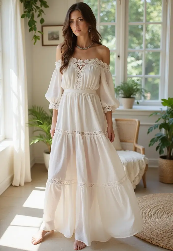 26 Boho Dress Styles That Are Trending on Pinterest - 3. Off-Shoulder Boho Maxi Dress