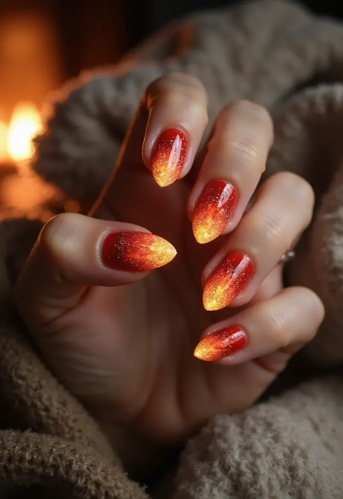 26 Creative Seasonal Nail Designs for Fall to Winter - 24. Fireplace Glow
