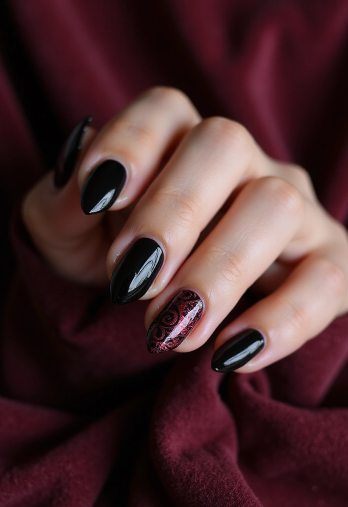 27 Classy Black Nail Ideas That Work Beyond Halloween - 18. Black and Burgundy Swirl