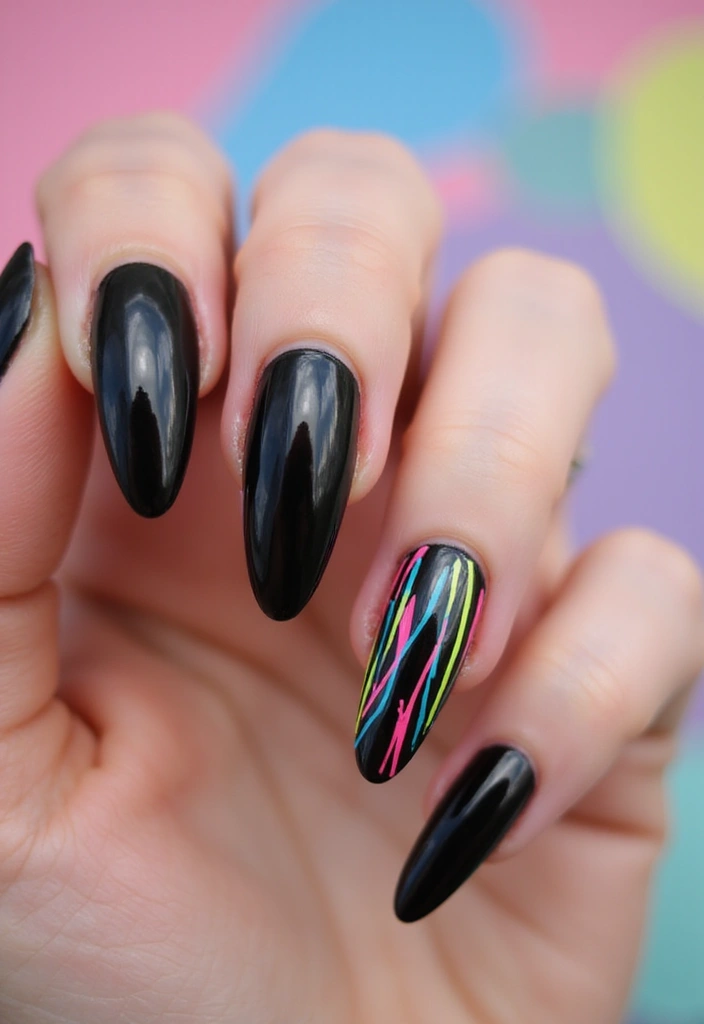 27 Classy Black Nail Ideas That Work Beyond Halloween - 19. Black with Colorful Stripes