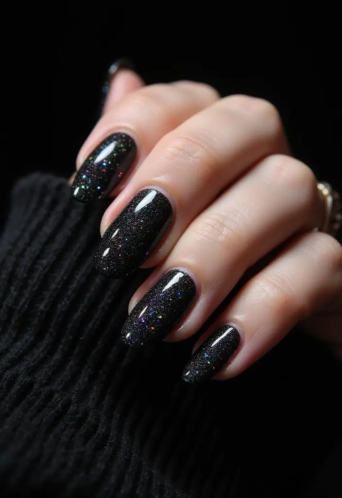 27 Classy Black Nail Ideas That Work Beyond Halloween - 26. Black with Holographic Glitter