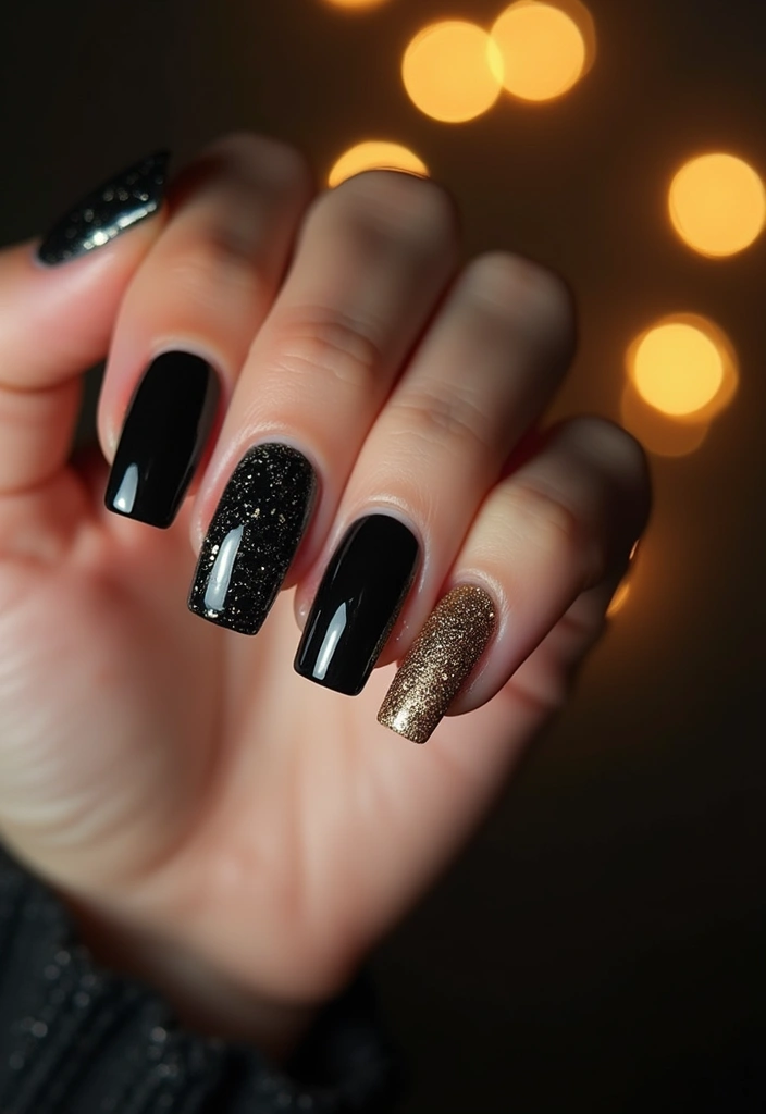 27 Classy Black Nail Ideas That Work Beyond Halloween - 6. Black Glitter Accent Nails