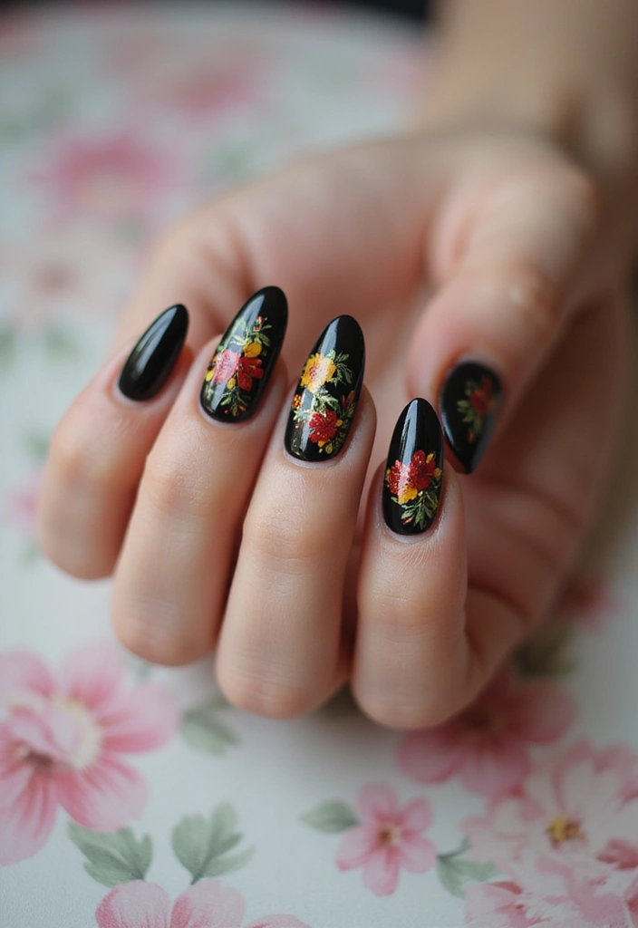 27 Classy Black Nail Ideas That Work Beyond Halloween - 7. Floral Black Nail Art