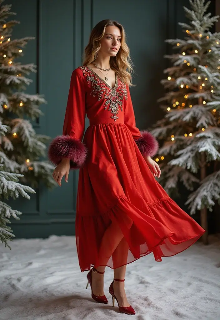 27 Elegant Winter Dresses for a Festive December Look - 18. Vibrant Faux Fur Accents