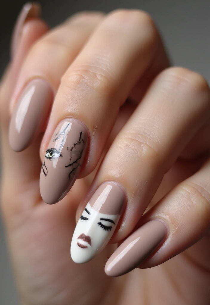 27 Fall Nail Designs to Welcome September in Style - 18. Warm Taupe with Abstract Faces