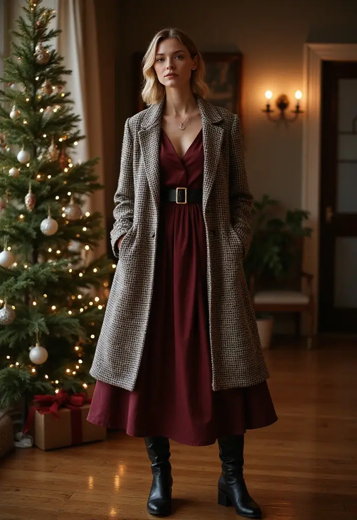 27 Midi Dress Outfits That Shine in Holiday Layers - 18. Layer with a Vintage Coat