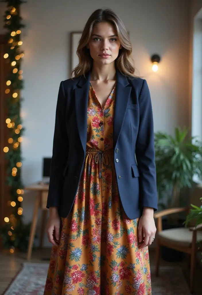 27 Midi Dress Outfits That Shine in Holiday Layers - 2. Chic Layered with a Tailored Blazer
