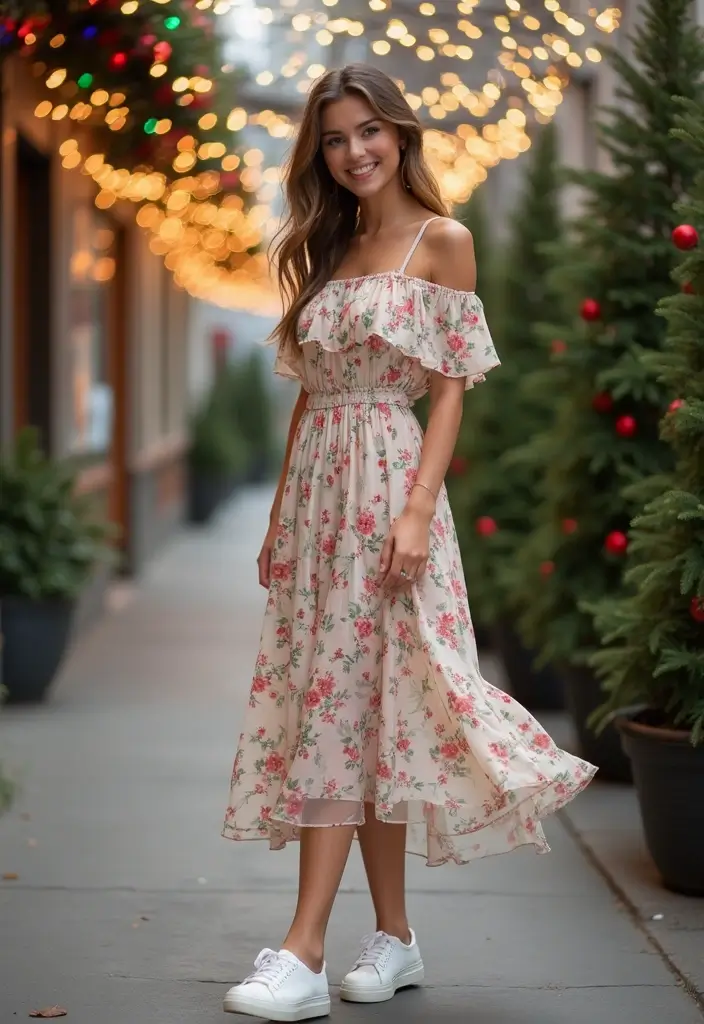 27 Midi Dress Outfits That Shine in Holiday Layers - 23. Pair with Casual Sneakers